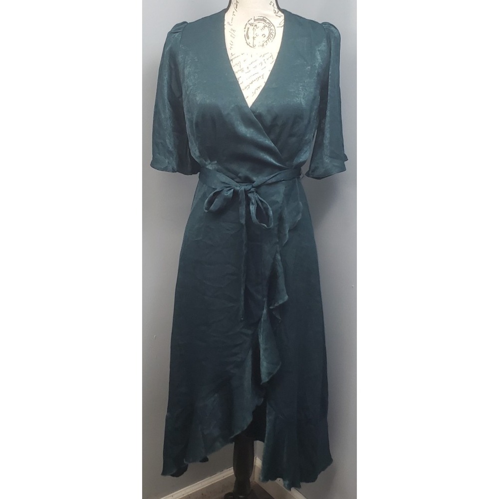 Lulus Wrap Dress Women S Green Satin Short Sleeve Ruffle Trim Tie Waist Back Zip